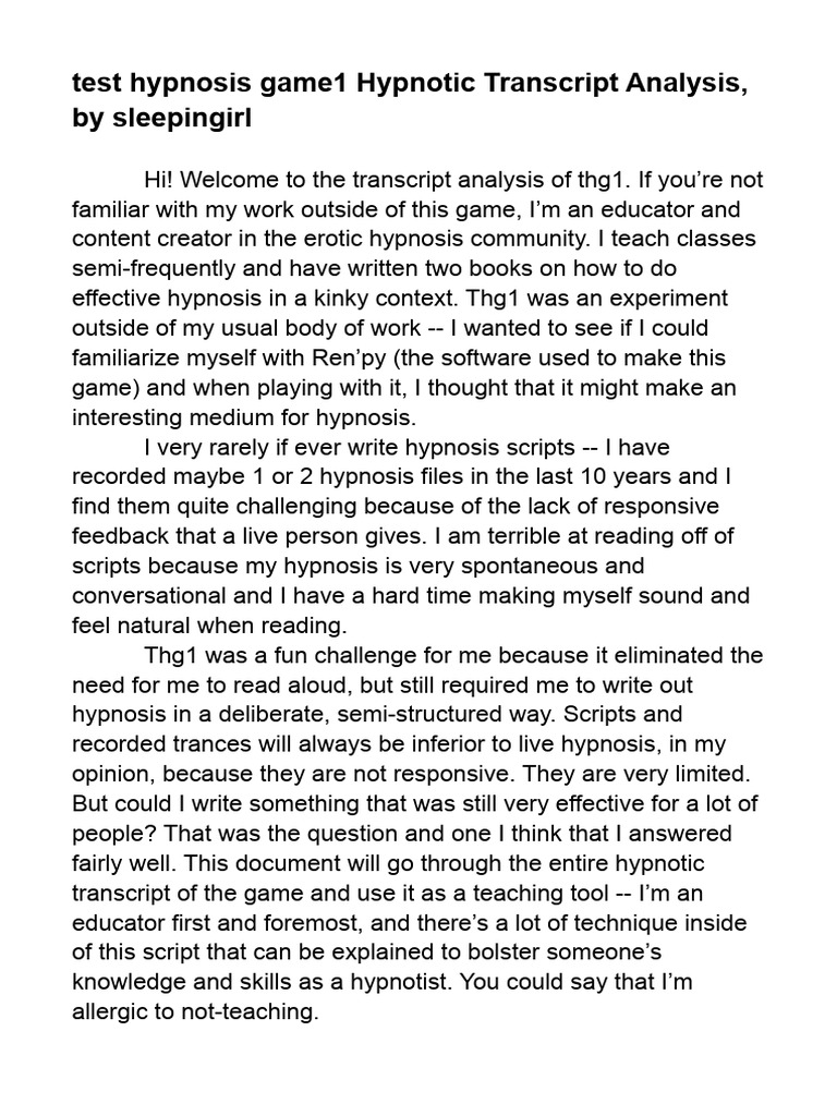 Hypnosis Game Transcript Analysis | PDF | Hypnosis | Thought