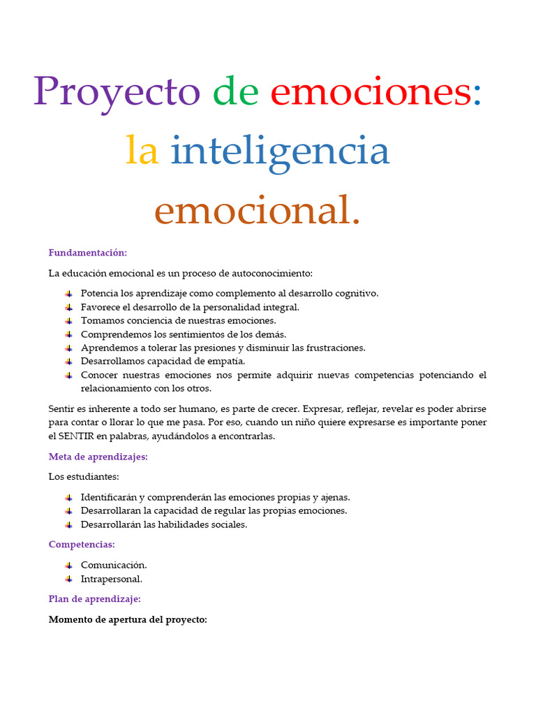 Proyecto de emociones.1° año. | PDF | Las emociones | Autoestima