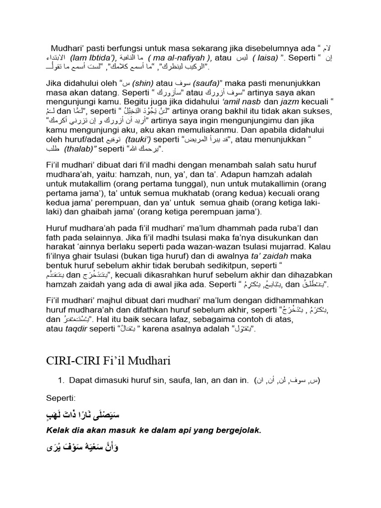 Ciri dan Contoh Fi'il Mudhari | PDF
