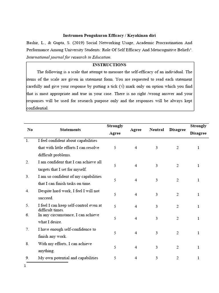 Academic Self-Efficacy Measurement Scale | PDF | Self Efficacy ...
