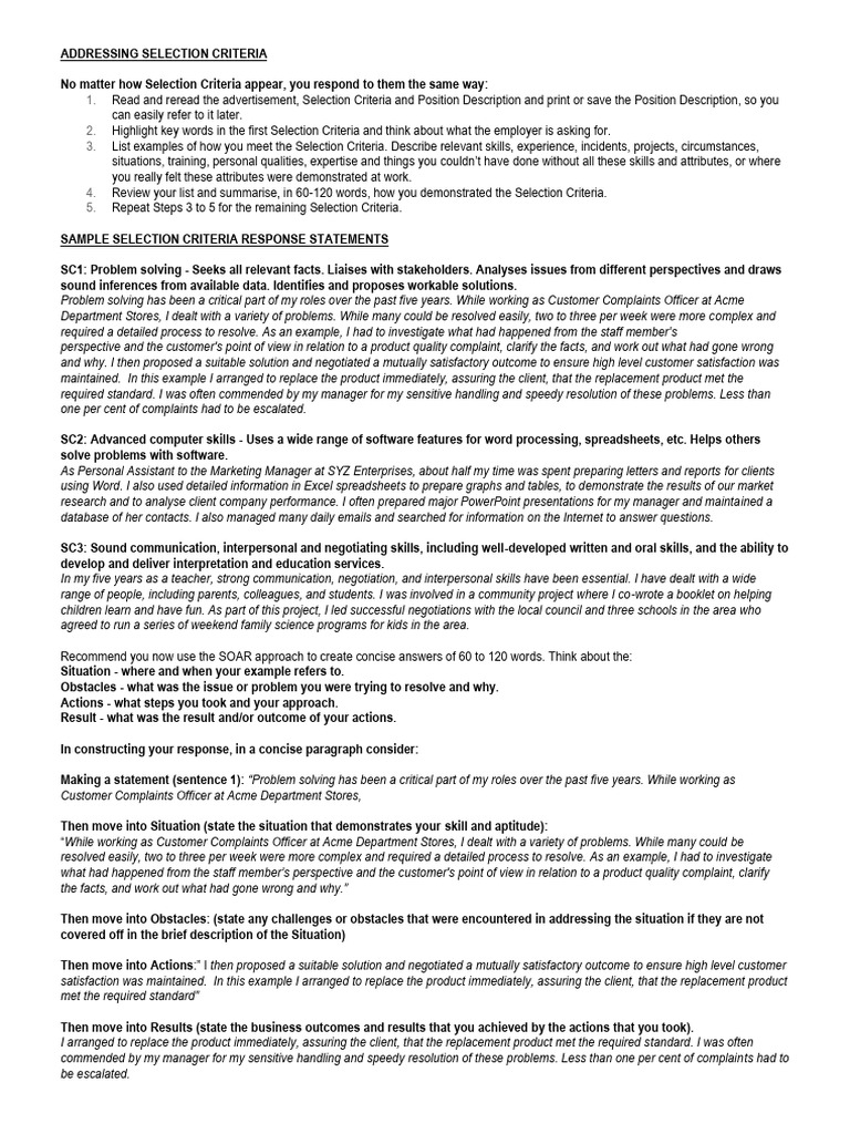 Selection Criteria Addressing Selection Criteria SOARs and Examples ...