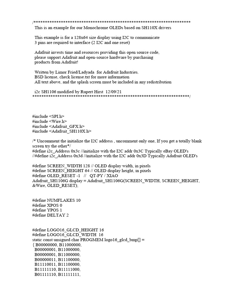 SH1106 I2C OLED Display Example Code | PDF | Computer Programming ...