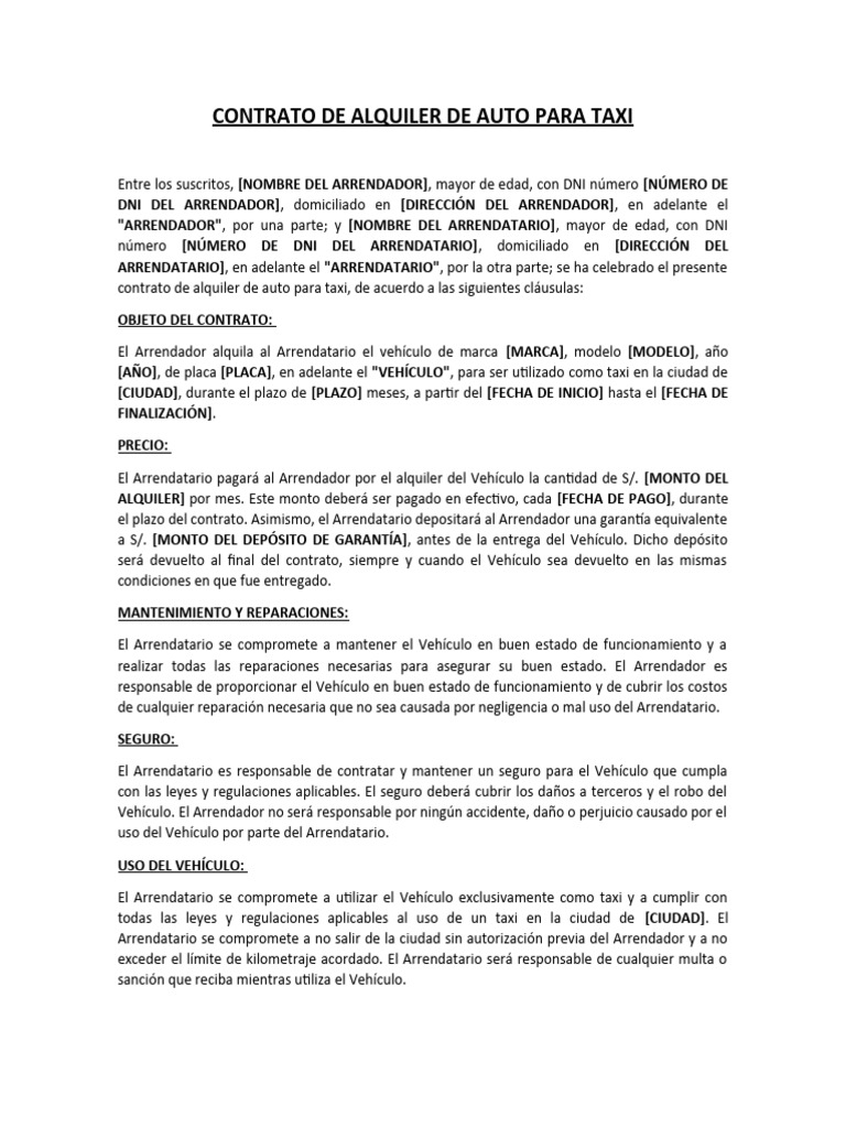 Contrato de Alquiler de Auto para Taxi | PDF | Ley común | Derecho privado