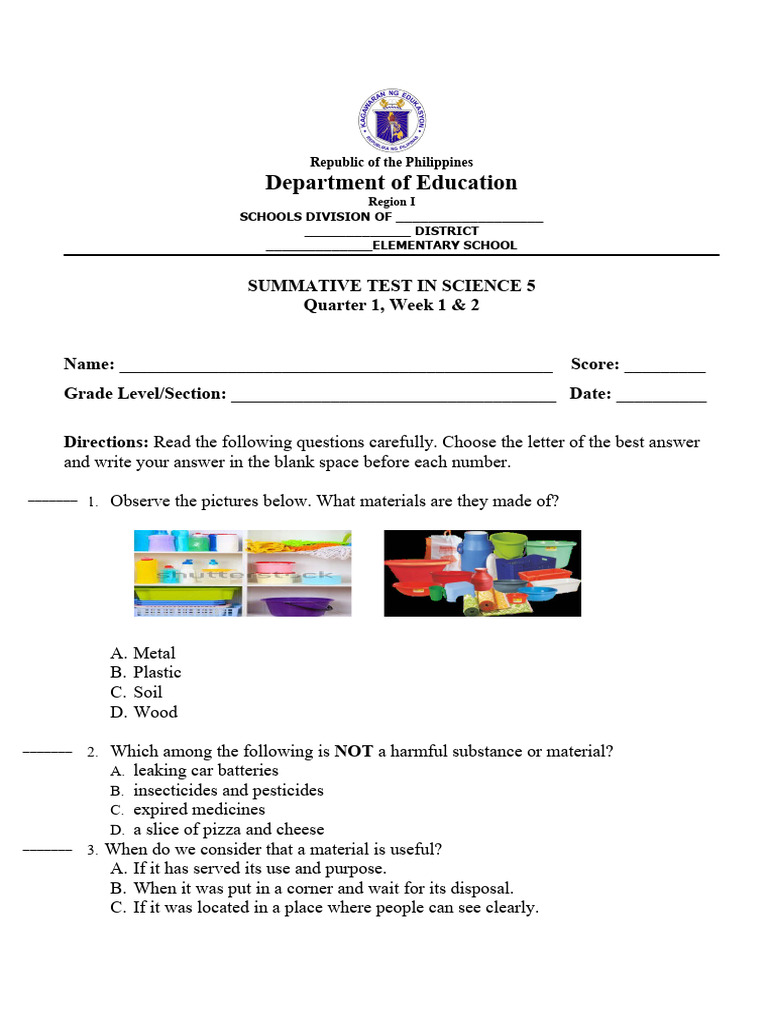 Summative Test Science 5: Materials & Changes | PDF | Waste | Recycling