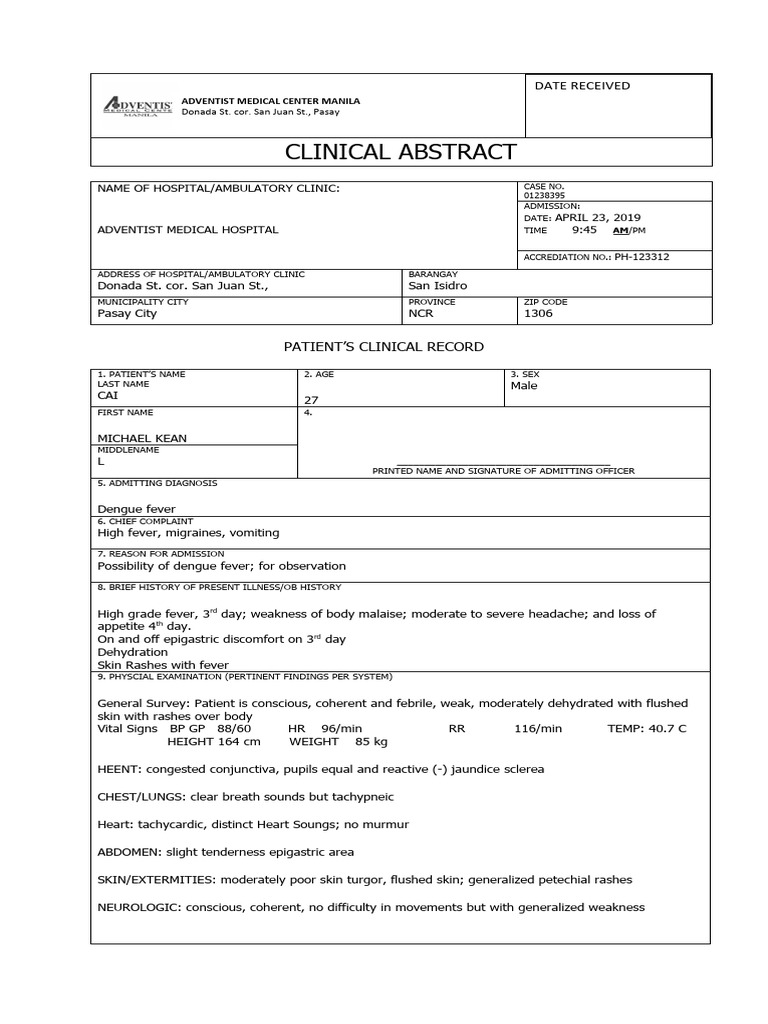 Clinical Abstract for Dengue Patient | PDF | Dehydration | Symptoms And ...