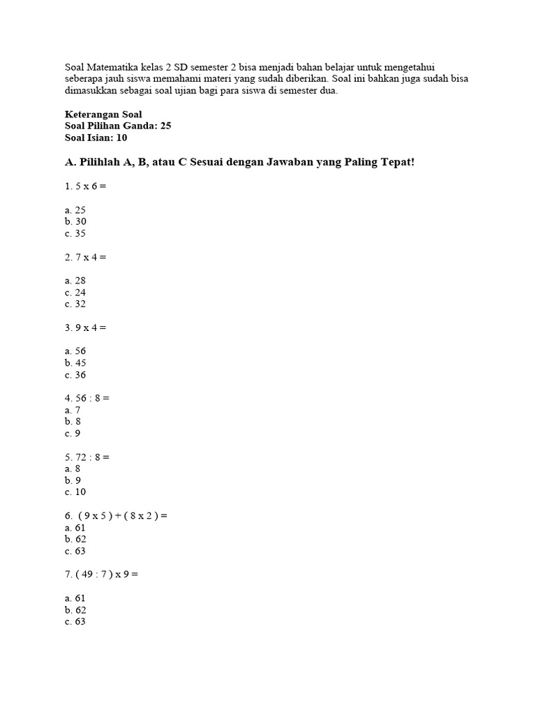 Soal Matematika Kelas 2 Sd Semester 2 Kunci Jawaban Pdf