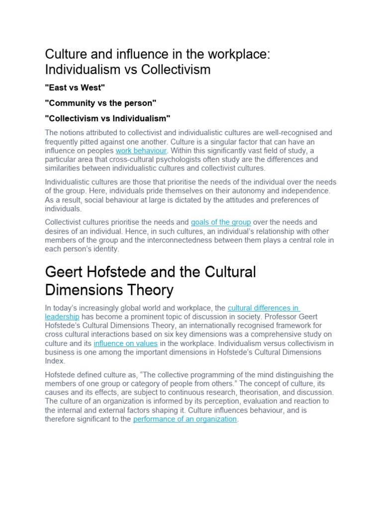 Workplace Culture: Individualism vs Collectivism | PDF | Individualism ...