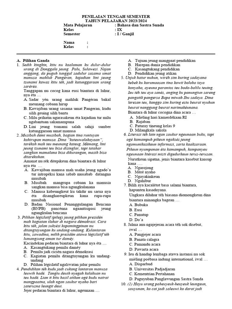 Soal Pts B Sunda Kelas 9 Pdf