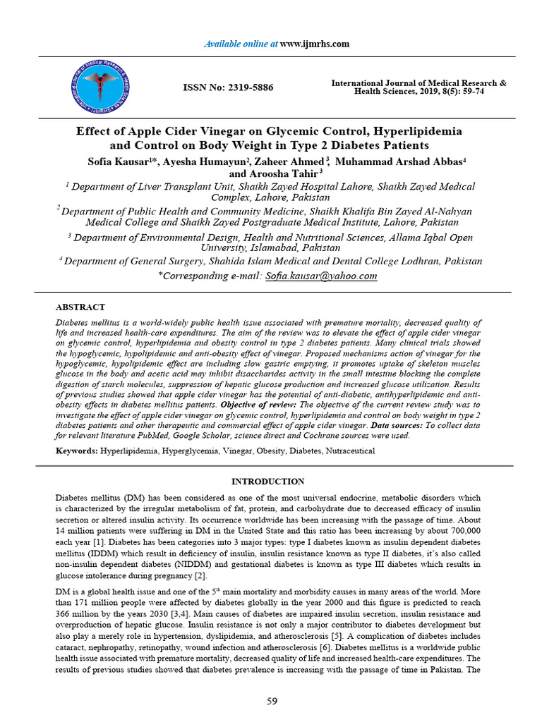 Effect of Apple Cider Vinegar On Glycemic Control, Hyperlipidemia and