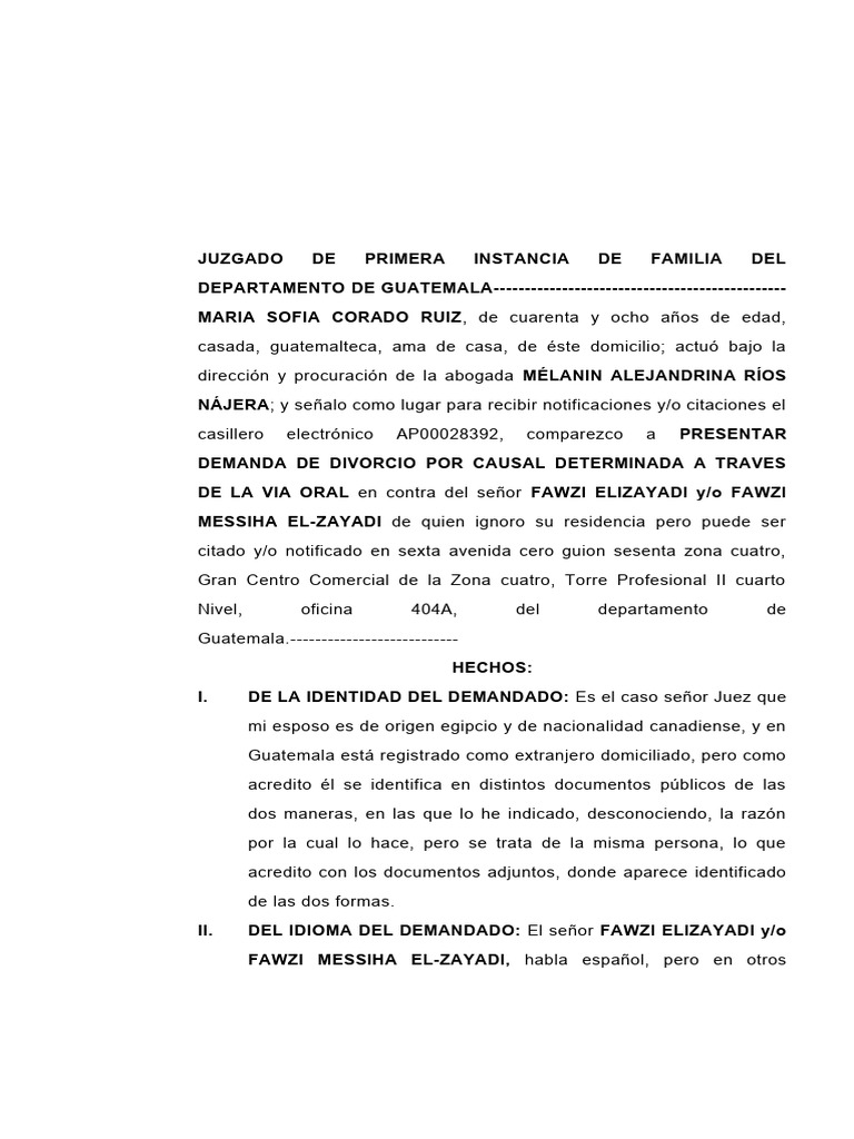Demanda de Divorcio Por Causal Determinada A Traves de La Via Oral