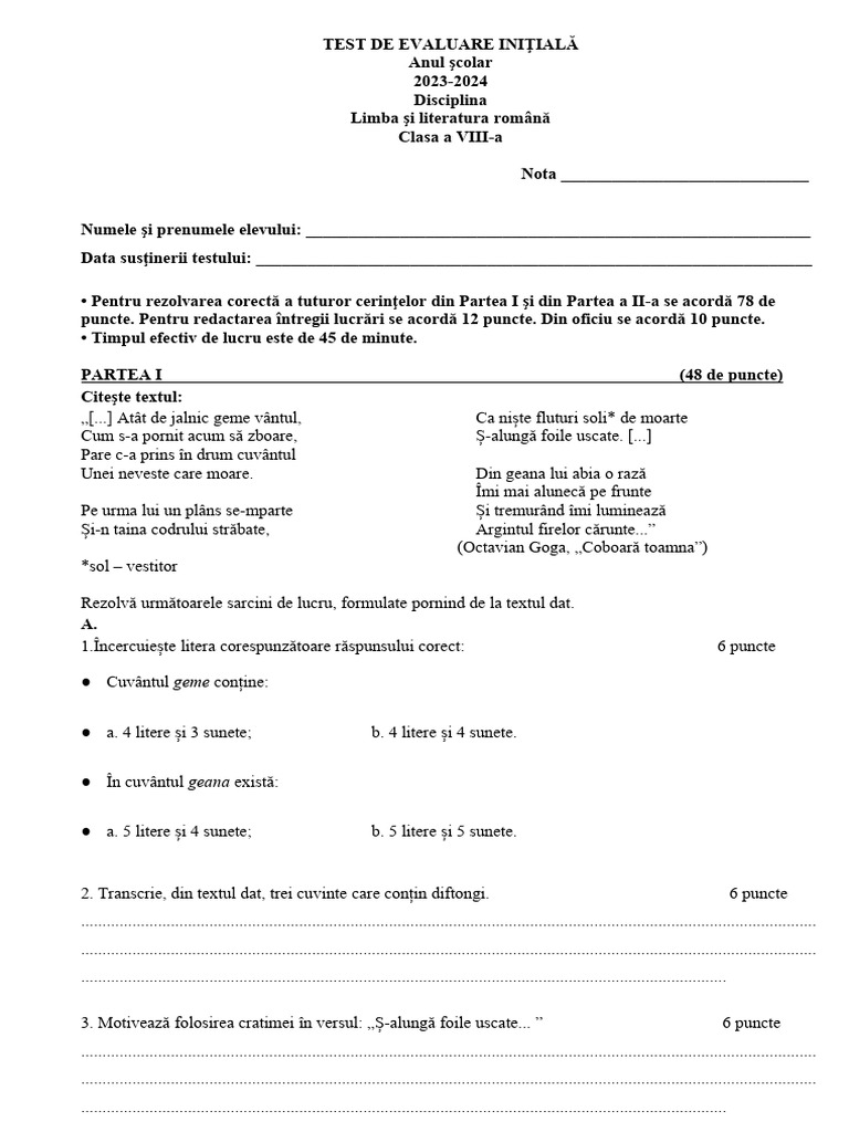 Test Initial - Cls. A Viii-A Lb. Rom. | PDF