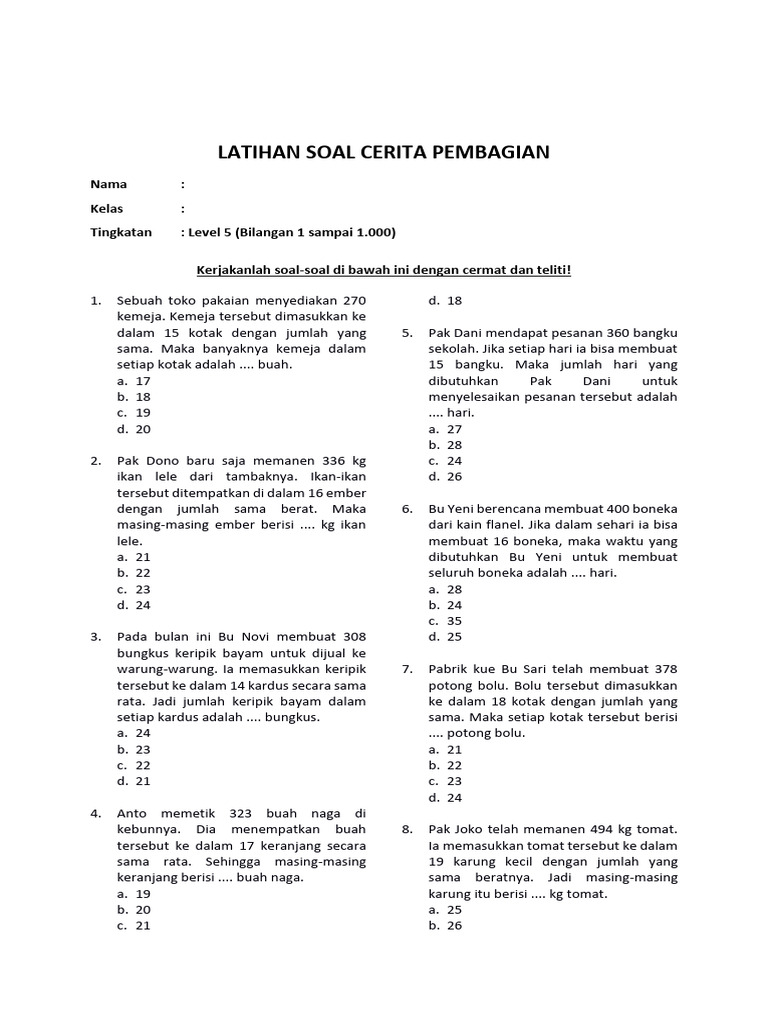 Soal Cerita Pembagian Level 5 Bilangan 1 Sampai 1 000 Pdf
