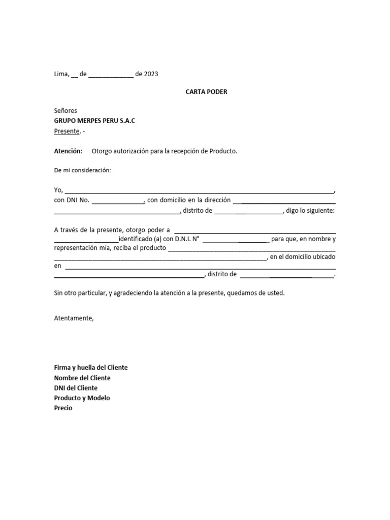 Carta Poder para Recepción de Producto | PDF