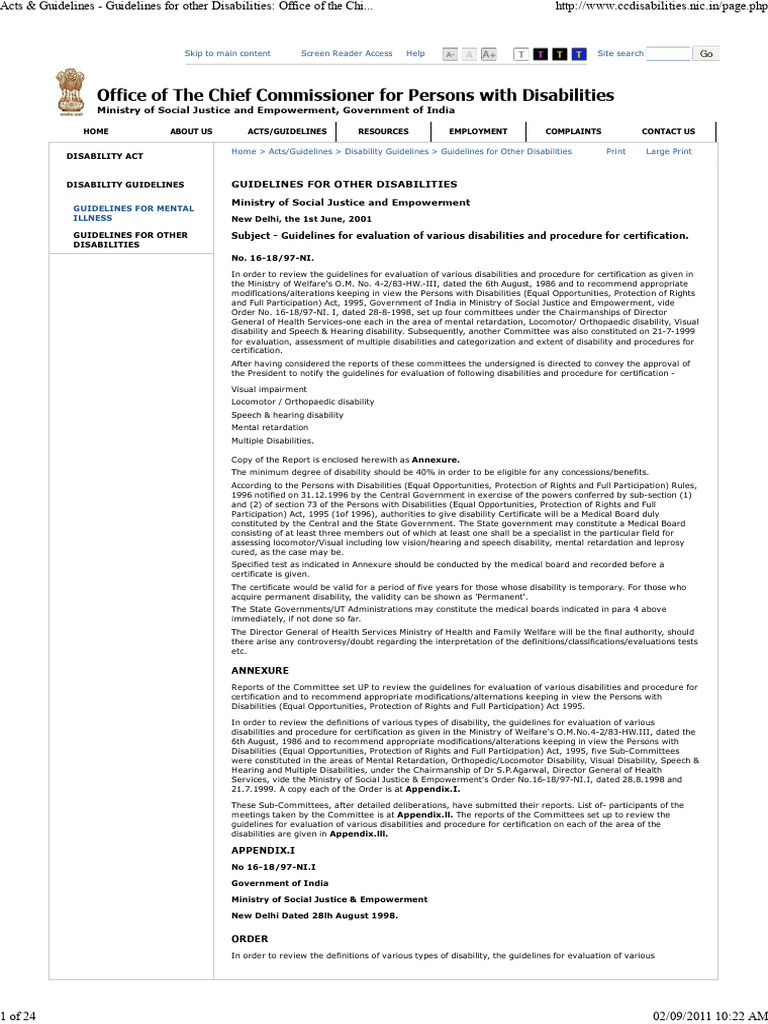 Acts and Guidelines For Other Disabilities Office of The Chief