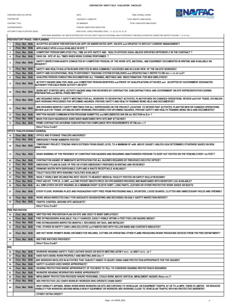 01 35 26 Contractor Site Safety Assessment Worksheet | PDF | Stairs ...
