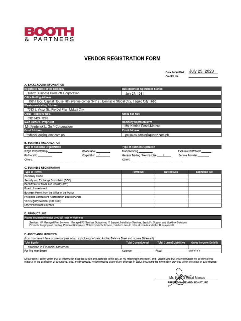 Vendor Accreditation Form Vendor Registration Form PDF Sole