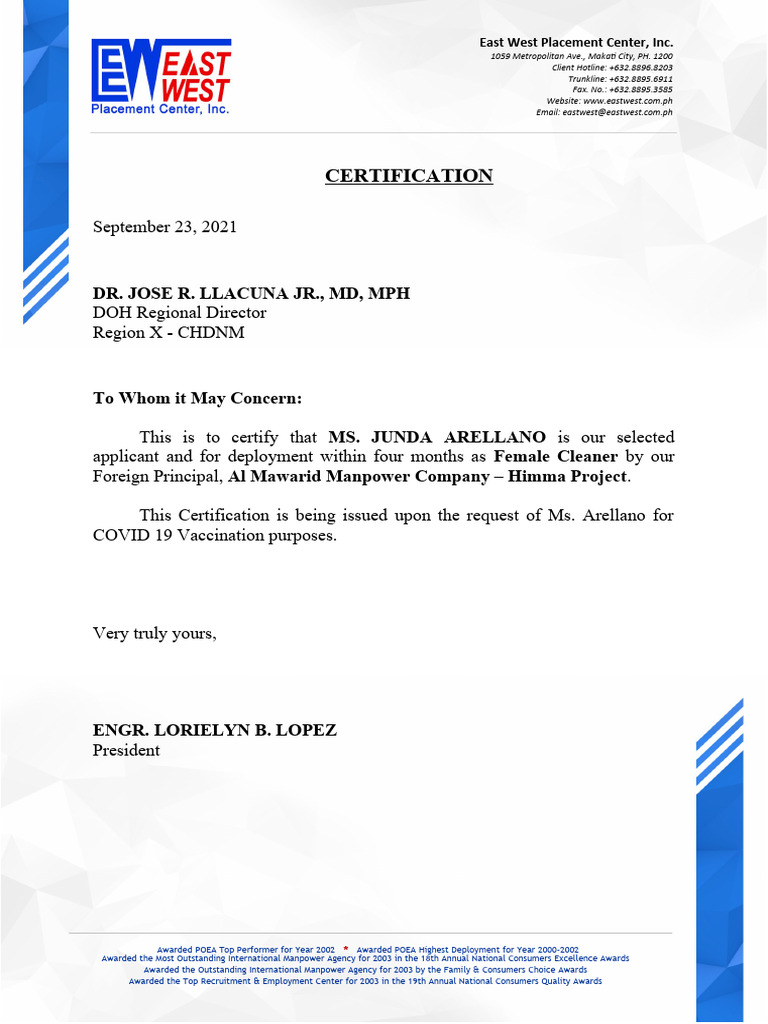 East West Placement Center Certifications | PDF