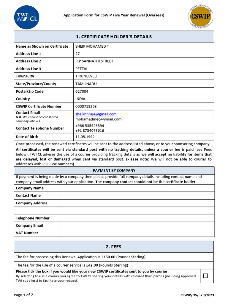CSWIP 5-Year Renewal Application Form | PDF | Debit Card | Credit Card