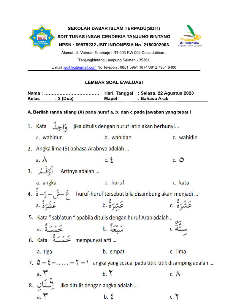 Soal Bahasa Arab Angka untuk TK | PDF