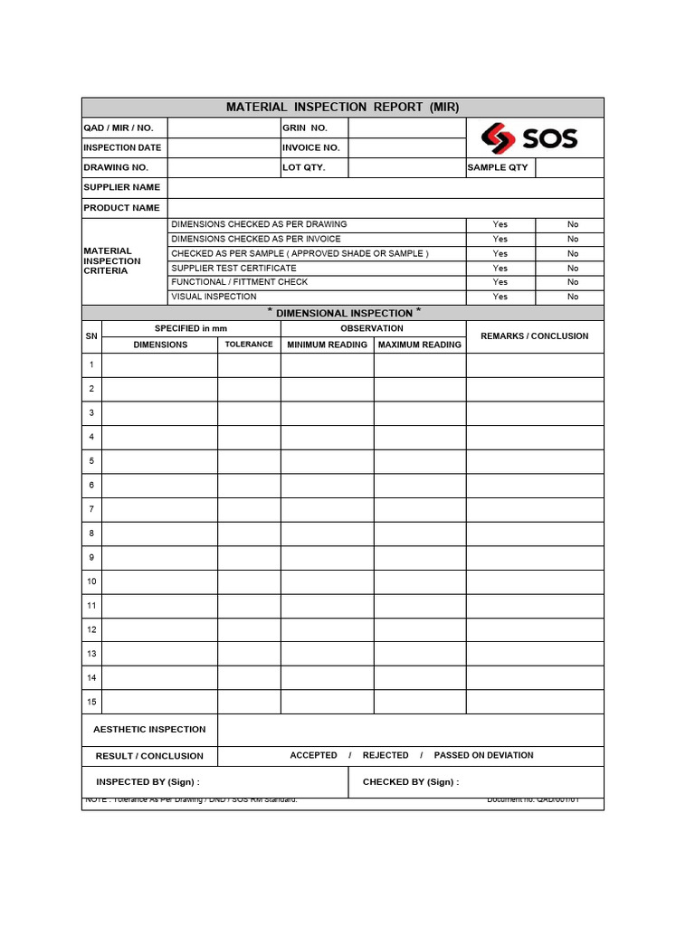 Material Inspection Report Template | PDF