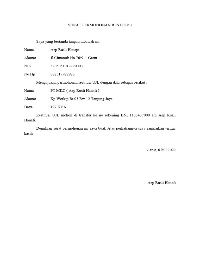 Surat Permohonan Restitusi UJL | PDF