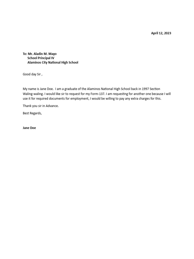 Request for Form 137 for Employment | PDF