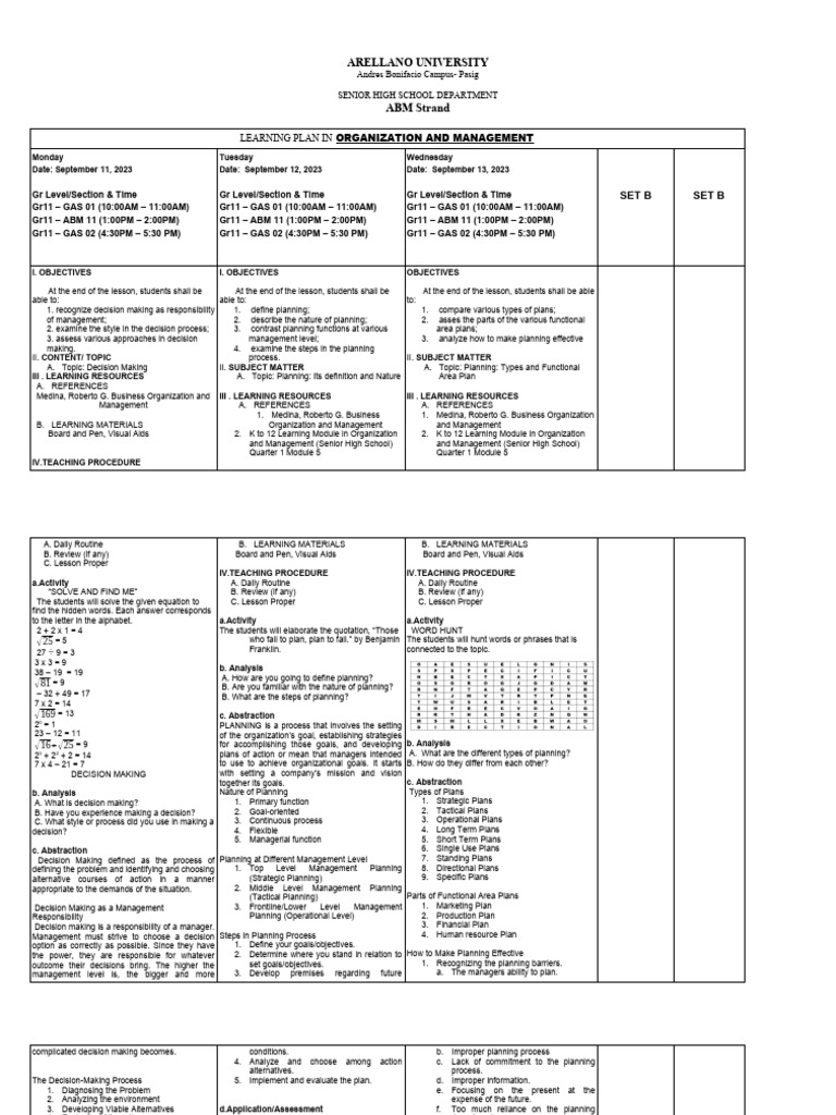 Organization and Management Learning Plan | PDF | Decision Making ...