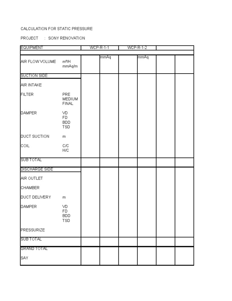 Static Pressure Calculation for Sony Renovation | PDF | Duct (Flow ...