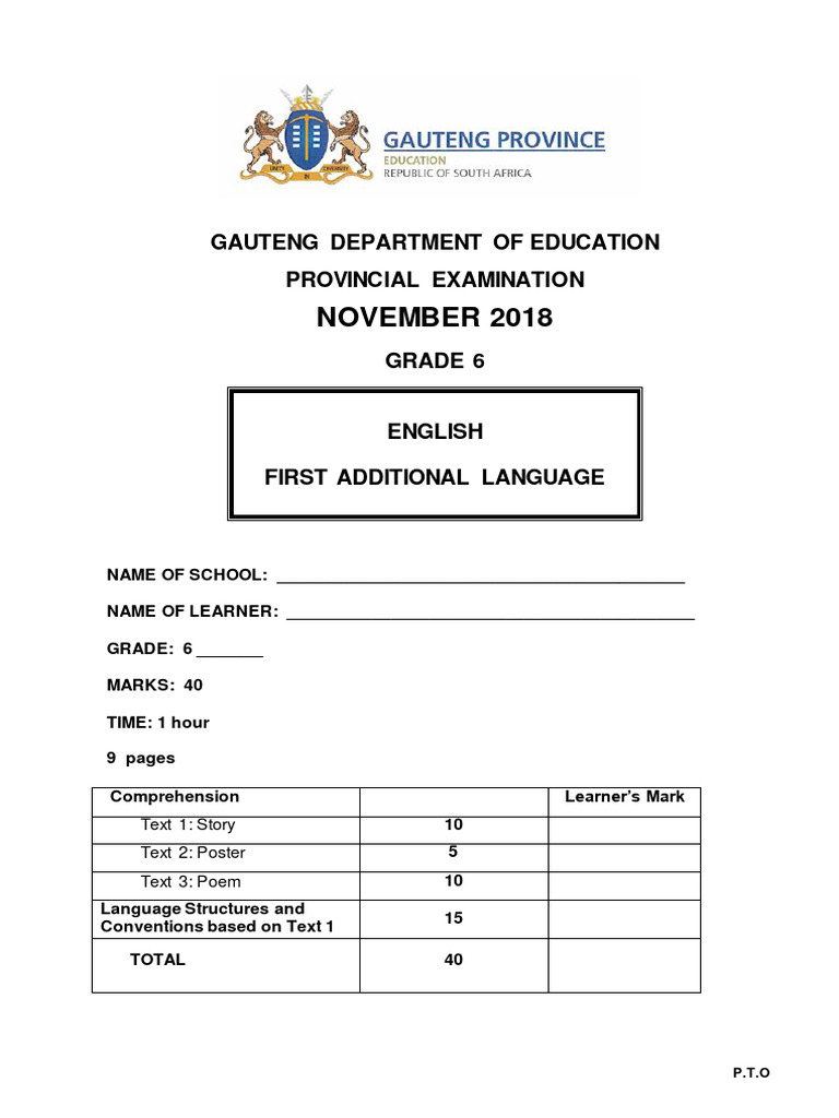 Grade 6 English Exam November 2018 | PDF | English Language | Poetry