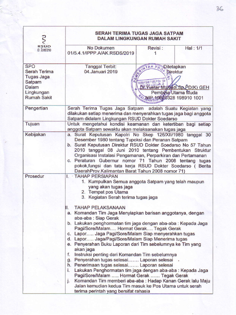 Serah Terima Tugas Jaga Satpam Dalam Lingkungan Rumah Sakit | PDF