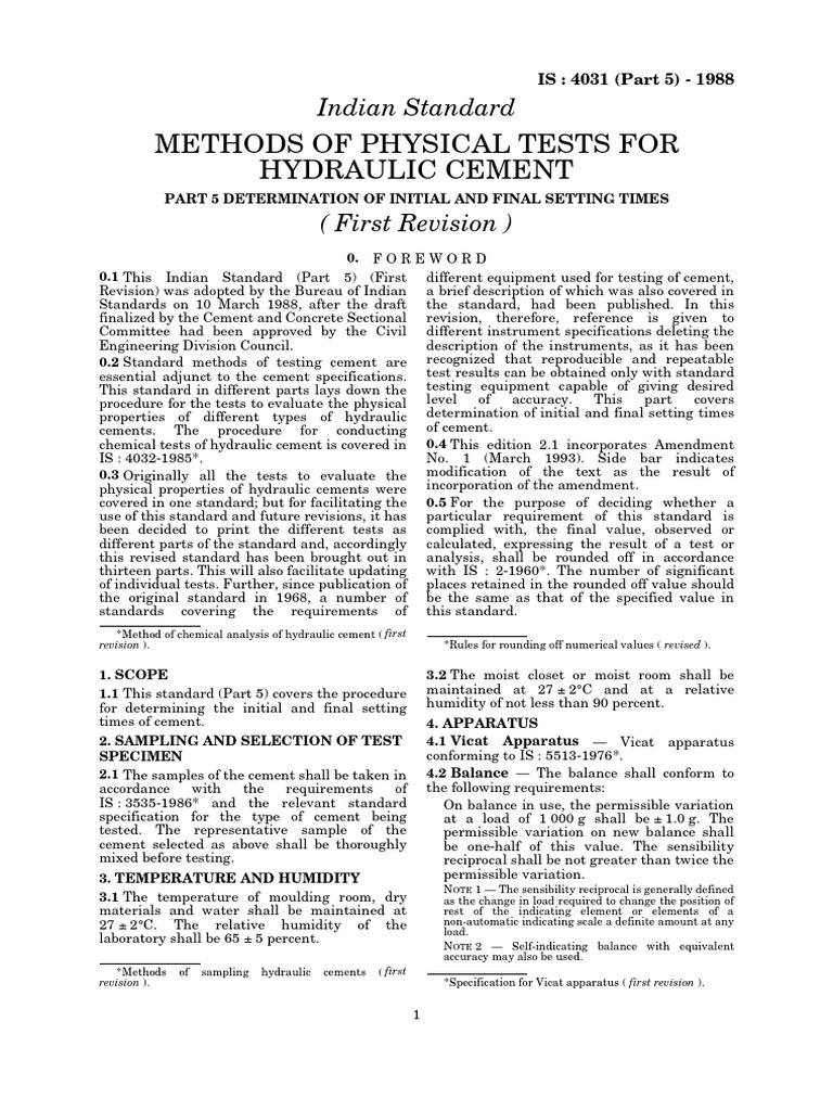 Is 40315 (1988) Methods of Physical Tests For Hydraulic Cement, Part