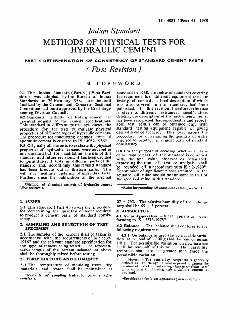 Is 40314 (1988) Methods of Physical Tests For Hydraulic Cement, Part