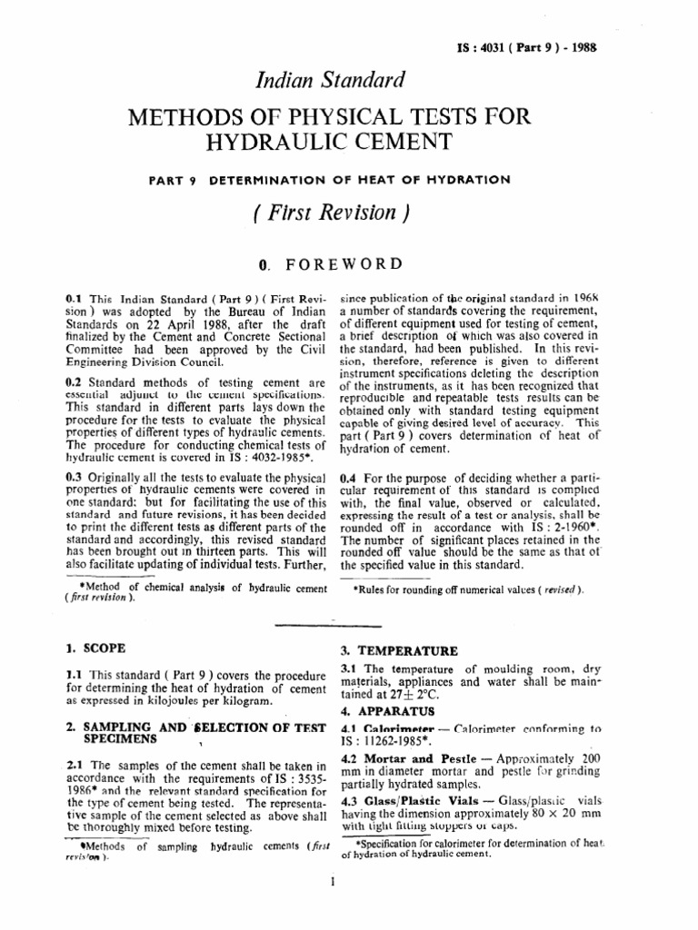 Is 40319 (1988) Methods of Physical Tests For Hydraulic Cement, Part
