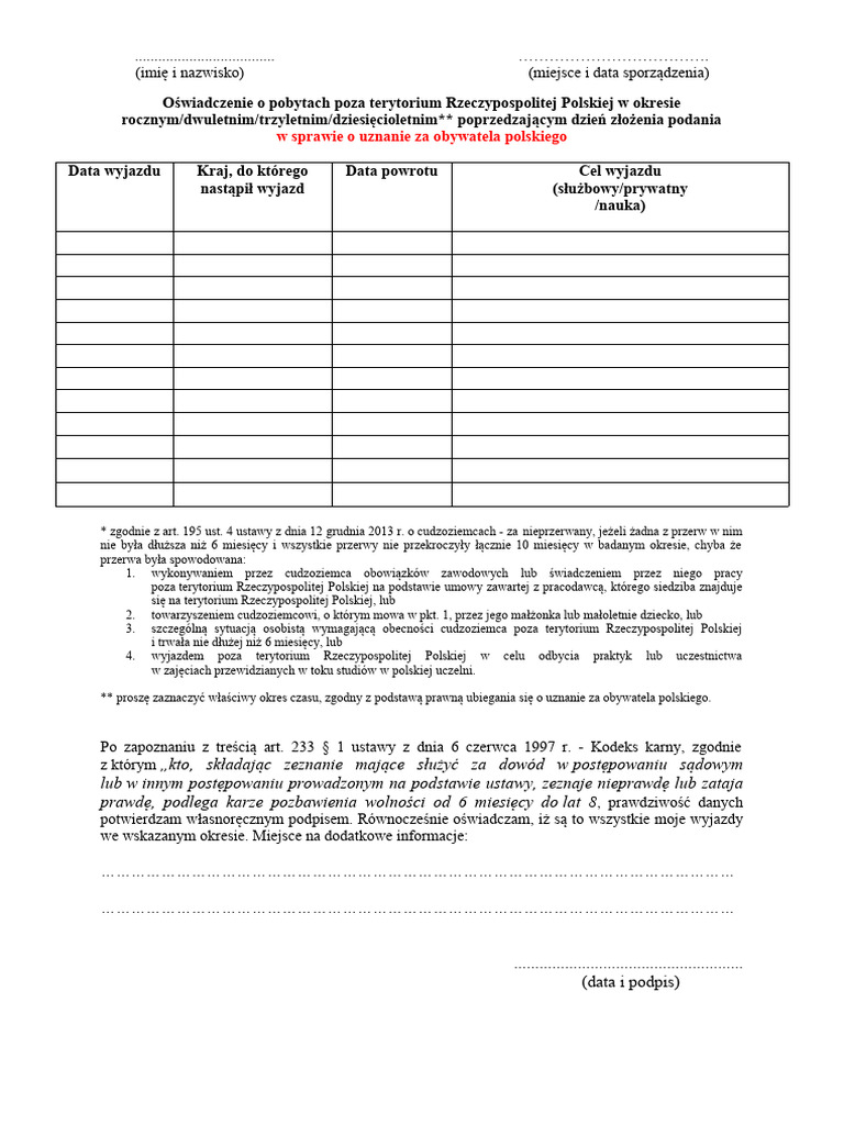 Zalacznik - NR - 5 - Wzor - Oswiadczenia - o - Datach - Wyjazdu - Z ...