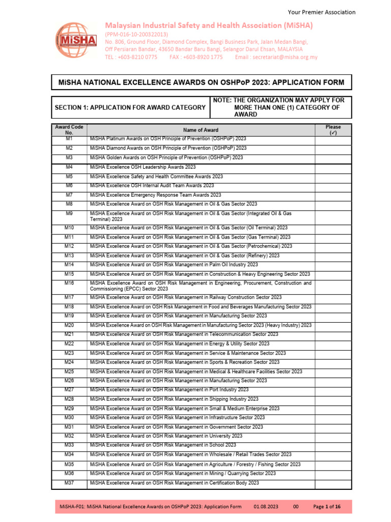 MiSHA OSHPoP Awards 2023 Application Form | PDF | Occupational Safety ...