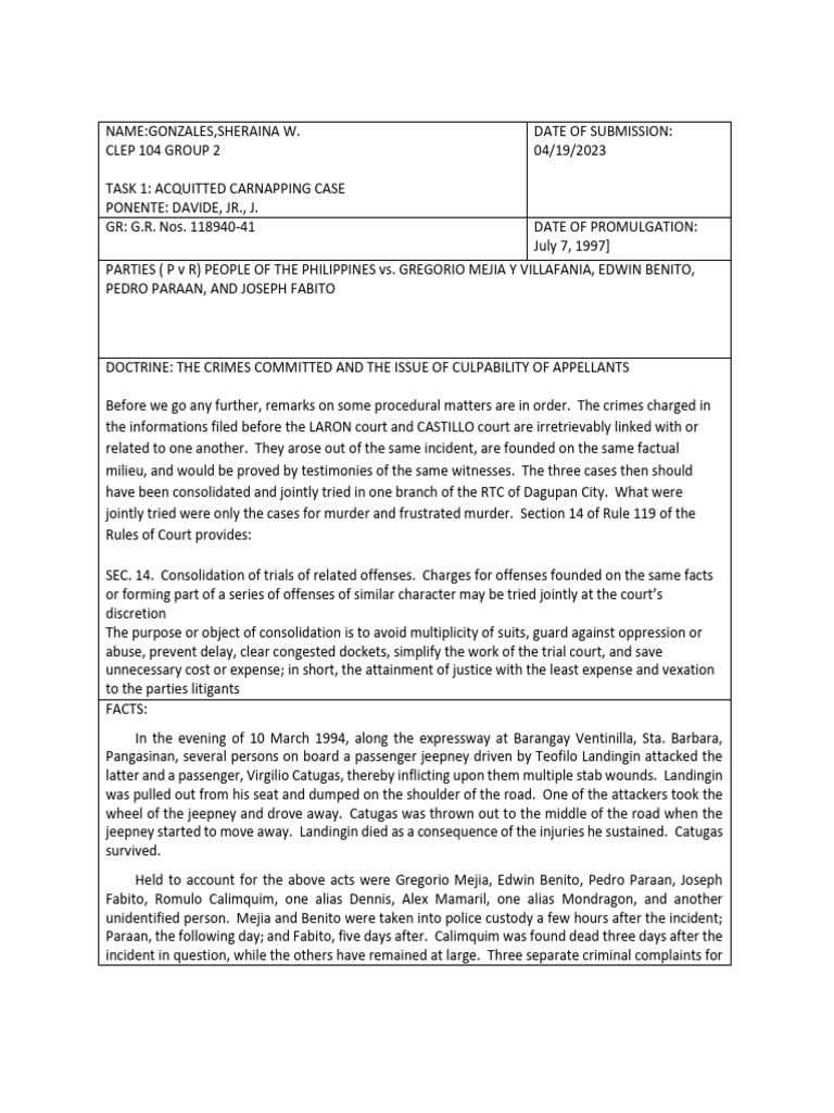 Acquitted Carnapping Case Analysis | PDF | Burden Of Proof (Law ...