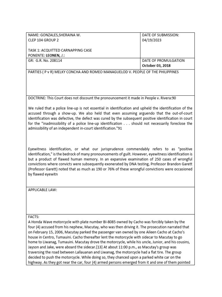 Acquittal in Carnapping Case: Concha & Managuelod | PDF | Reasonable ...
