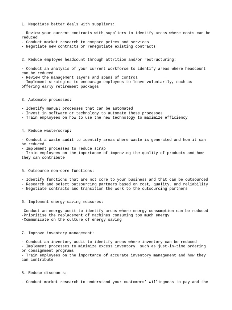 10 Ways To Reduce Cost | PDF | Outsourcing | Energy Conservation