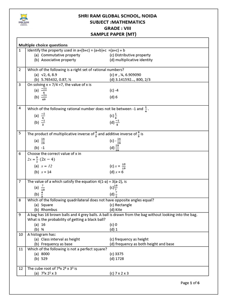 Grade VIII Mathematics Sample Paper | PDF | Rectangle | Geometric Shapes