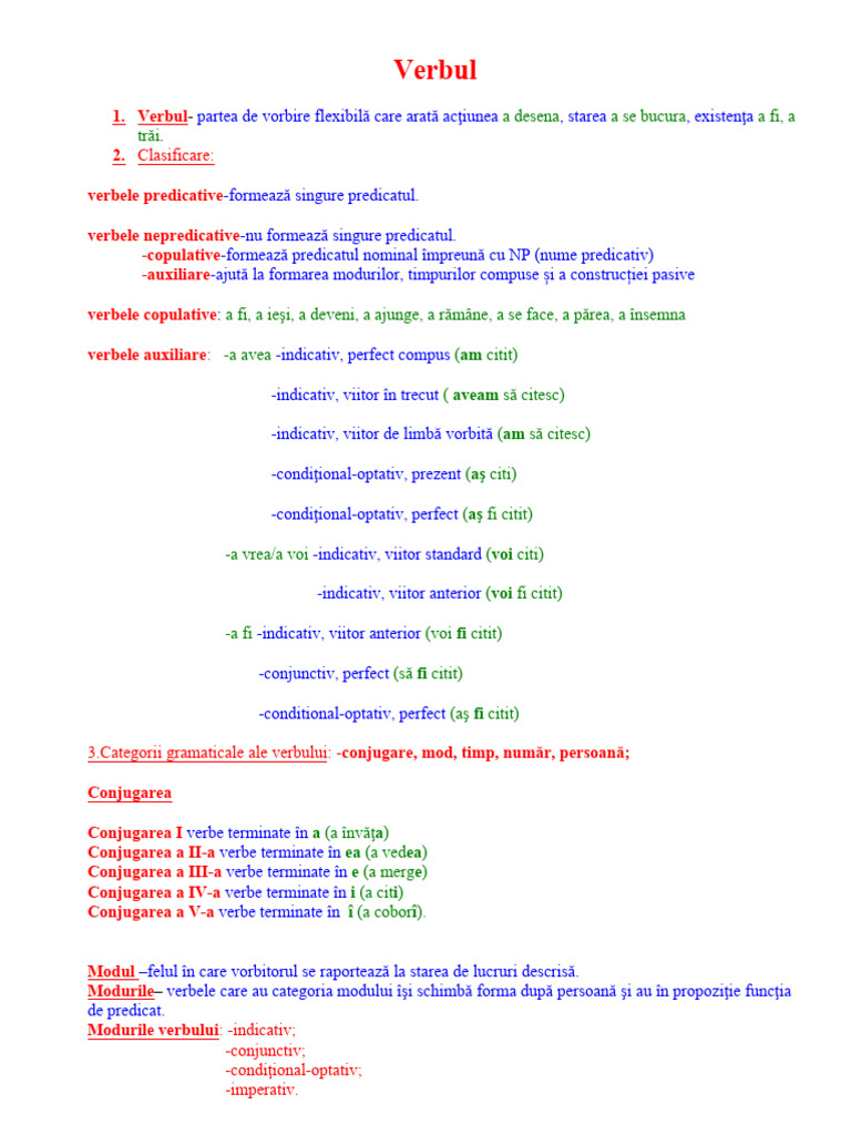 Verbul: 3.categorii Gramaticale Ale Verbului: - Conjugare, Mod, Timp ...