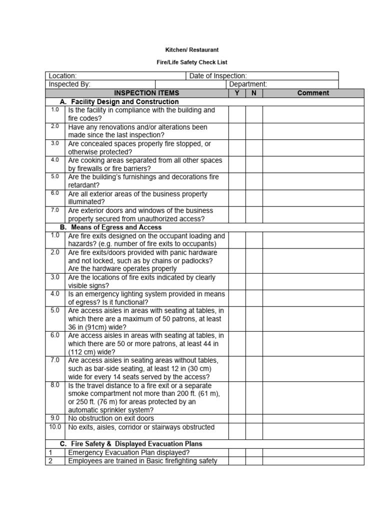 Restaurant Fire Safety Inspection Checklist | PDF | Fire Safety | Fire ...