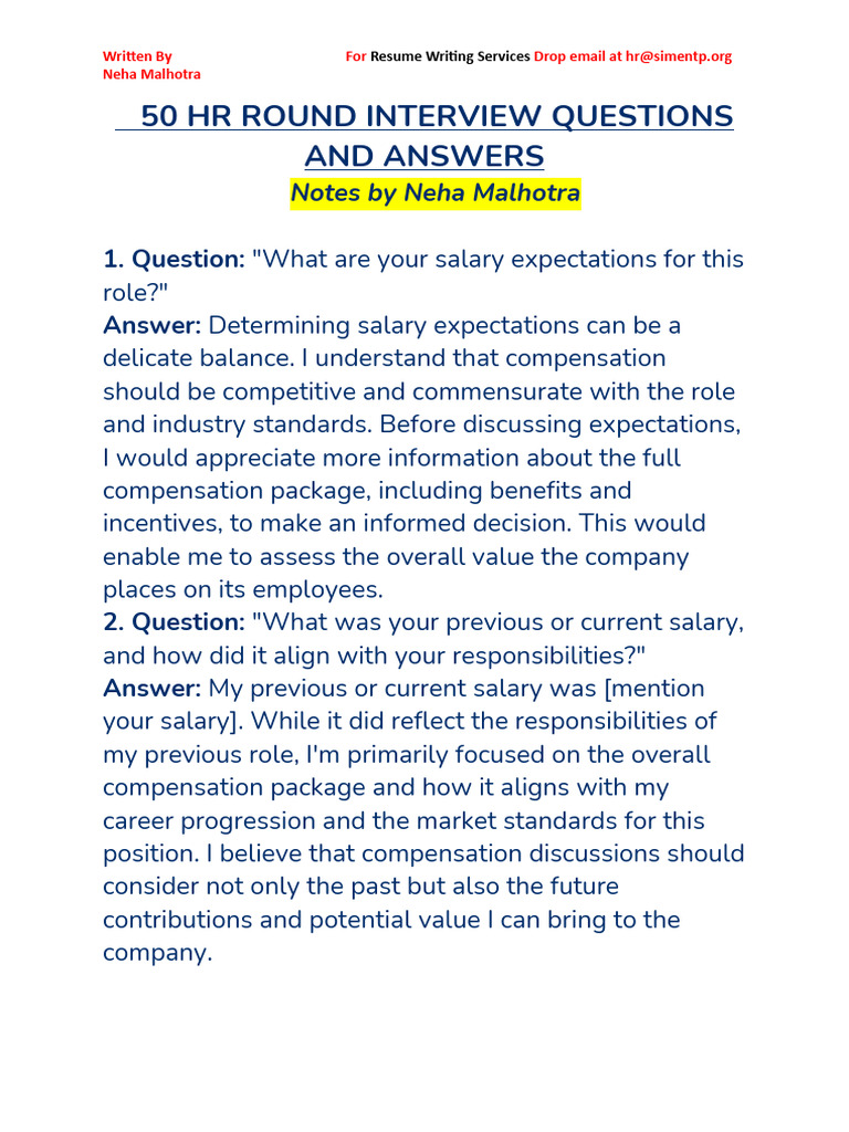 HR Round Interview Questions and Answers | PDF | Cost Of Living 