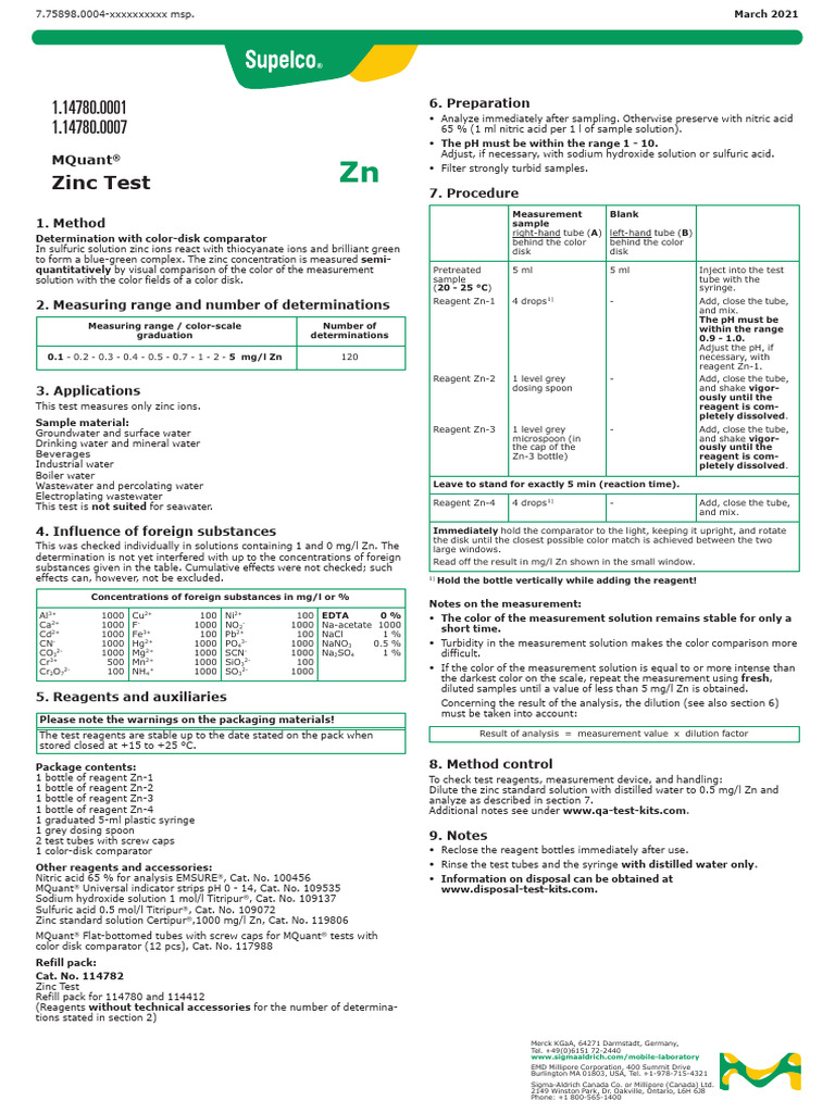 Zinc Test Mquant PDF Ph Acid