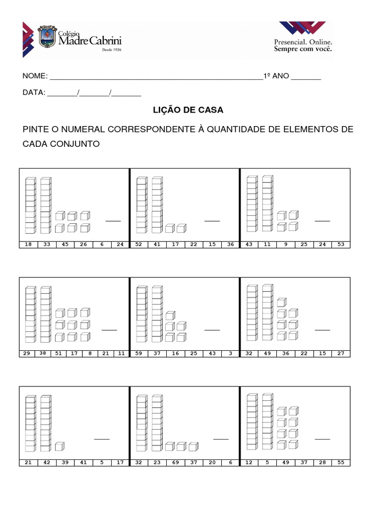 Lição de Casa: Números e Quantidades 1º Ano | PDF