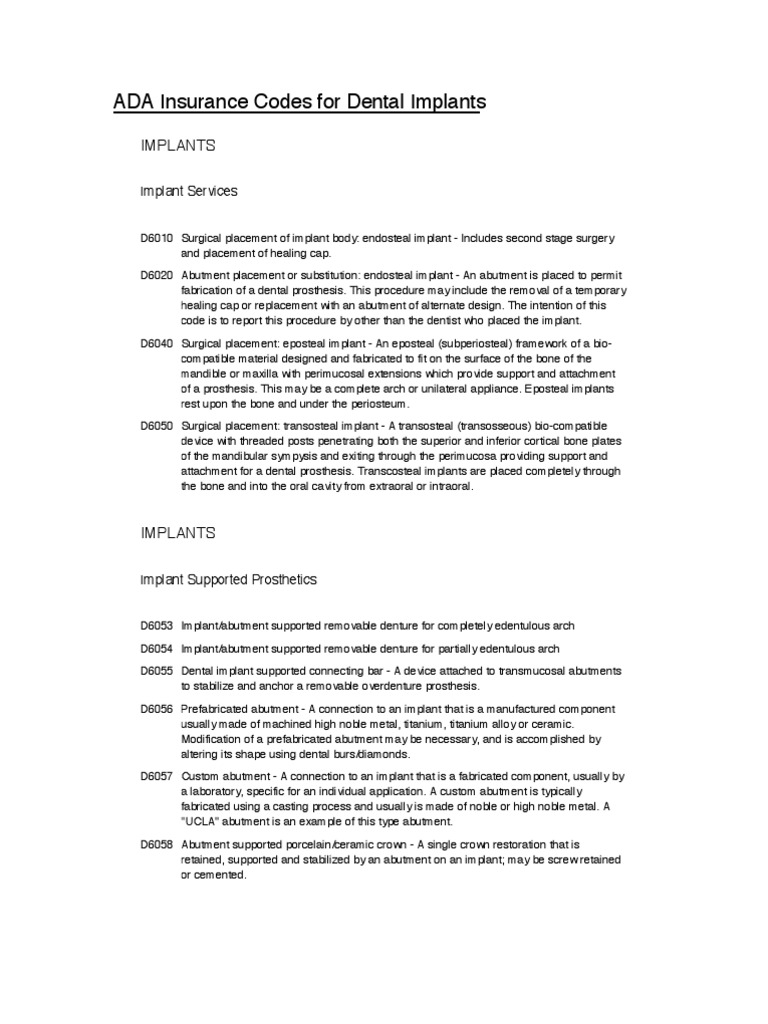 Insurance Codes Pdf Dental Implant Dentures
