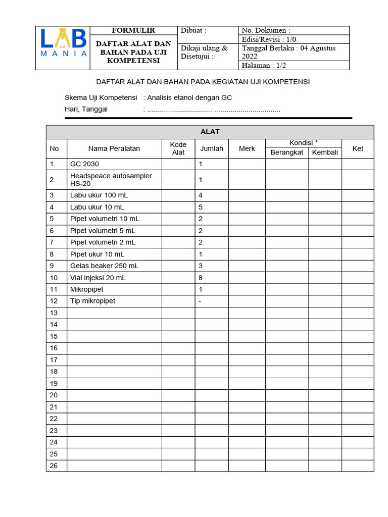 IK 01 04 - Formulir Dafta Alat Dan Bahan GC | PDF