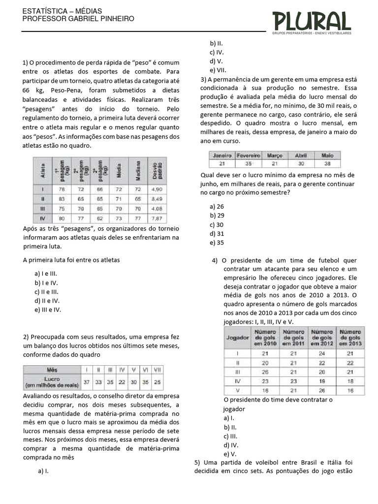 Questões de Estatística para ENEM | PDF | Média