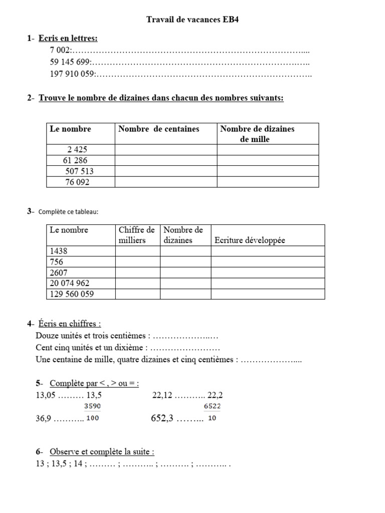 Devoirs de vacances en maths EB4 | PDF | Méthodes et références ...