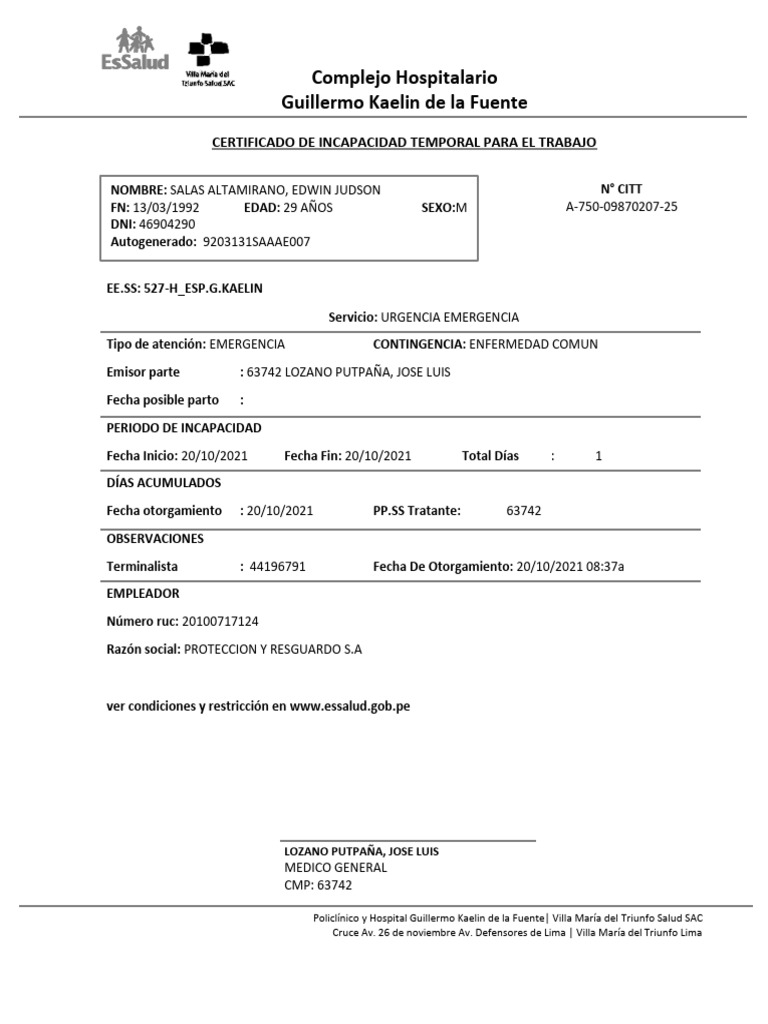 Certificado de Incapacidad Temporal ESSALUD | PDF | Derecho