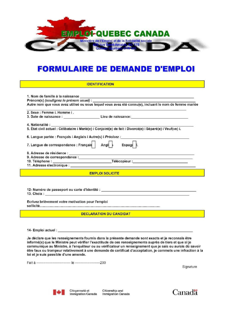 Formulaire emploi quebec pdf